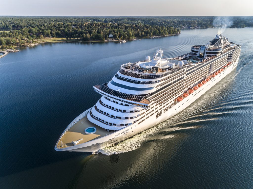 Skeppsdal, Stockholm, Sweden - July, 17th 2018: MSC Preziosa Cruiser Ship passing by in the Stockholm Swedish archipelago.