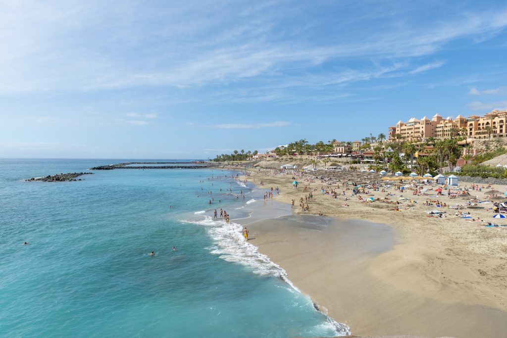 Sandy beach with thatched parasols and sunbeds, Costa Adeje, Tenerife