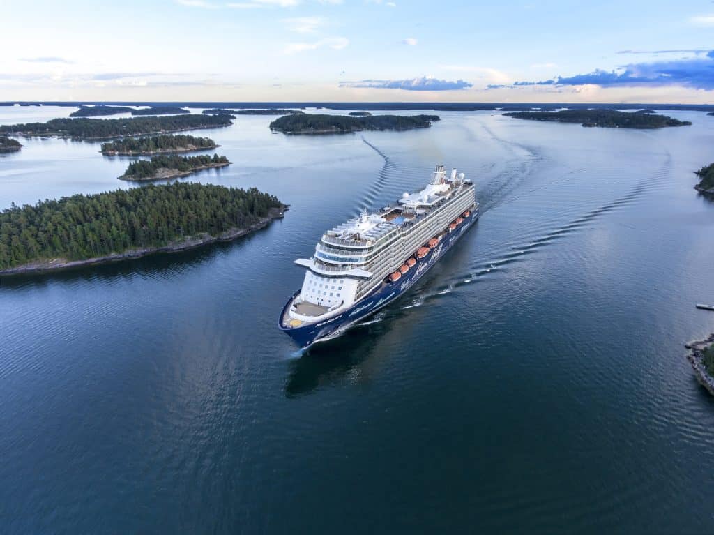 Stockholm, Sweden - July, 4th 2016: Mein Schiff 4 cruiser in Stockholm archipelago. The ship is in the TUI Cruises Line fleet. Aerial view.